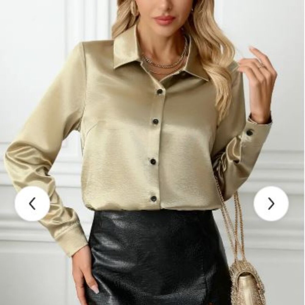 Elegant golden satin button-down top, perfect for parties, formal events